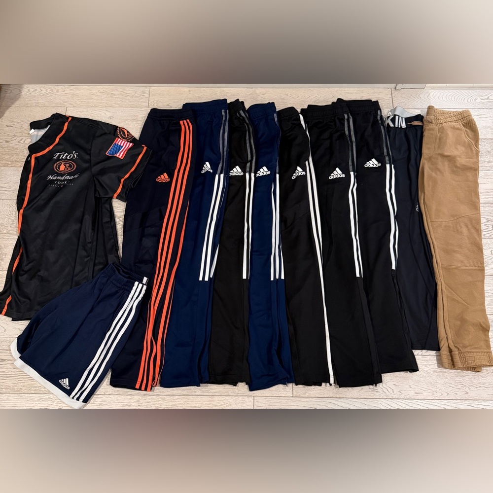 adidas kids size 13/14 Navy, Black & Orange Track Pants and Shorts Bundle